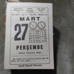 27 MART 1975  SAATLİ MAARİF TAKVİM YAPRAĞI