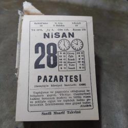 28 NİSAN 1975  SAATLİ MAARİF TAKVİM YAPRAĞI