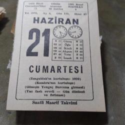 21 HAZİRAN 1975  SAATLİ MAARİF TAKVİM YAPRAĞI