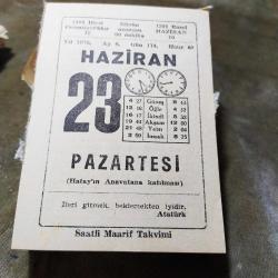 23 HAZİRAN 1975  SAATLİ MAARİF TAKVİM YAPRAĞI