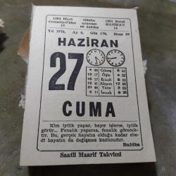 27 HAZİRAN 1975  SAATLİ MAARİF TAKVİM YAPRAĞI