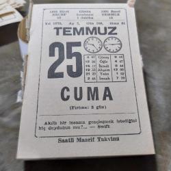 25 TEMMUZ 1975  SAATLİ MAARİF TAKVİM YAPRAĞI