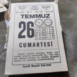 26 TEMMUZ 1975  SAATLİ MAARİF TAKVİM YAPRAĞI