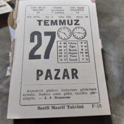 27 TEMMUZ 1975  SAATLİ MAARİF TAKVİM YAPRAĞI
