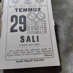 29 TEMMUZ 1975  SAATLİ MAARİF TAKVİM YAPRAĞI