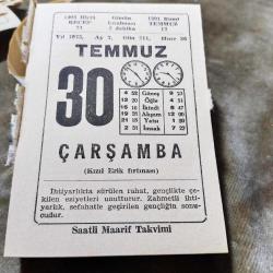 30 TEMMUZ 1975  SAATLİ MAARİF TAKVİM YAPRAĞI