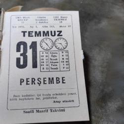 31 TEMMUZ 1975  SAATLİ MAARİF TAKVİM YAPRAĞI