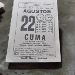 22 AĞUSTOS 1975  SAATLİ MAARİF TAKVİM YAPRAĞI
