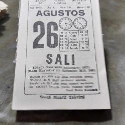 26 AĞUSTOS 1975  SAATLİ MAARİF TAKVİM YAPRAĞI