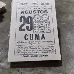 29 AĞUSTOS 1975  SAATLİ MAARİF TAKVİM YAPRAĞI
