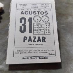 31 AĞUSTOS 1975  SAATLİ MAARİF TAKVİM YAPRAĞI