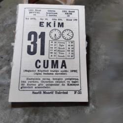 31 EKİM 1975 SAATLİ MAARİF TAKVİM YAPRAĞI
