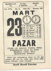 23 MART 1975 SAATLİ MAARİF TAKVİM YAPRAĞI