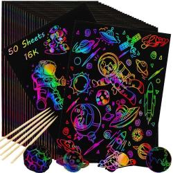 Antika - 50 Pcs Scratch Art Paper Kit,Rainbow Magic Scratch Off Paper Set,Black Drawing Paper Sheets with 5 W - kitantik - kitaLog