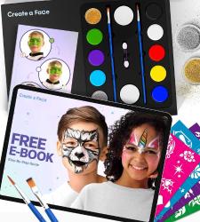 Face Painting Kit for Kids - 32 Stencils, 8 Water Based Face Paint Colors,  2 Bru