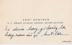 Efemera - FİNANS TARİHİ - AZMİ DEMİRER - ZİRAAT BANKASI MERKEZ MÜDÜR MUAVİNİ - ANKARA -  KARTVİZİT - kitantik - kitaLog