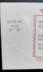 TCDD MAVİ TREN BİLETİ Sigaralı Vagon 28 Temmuz 1995 Ankara-Haydarpaşa