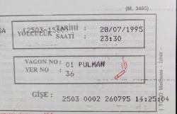 TCDD MAVİ TREN BİLETİ Sigaralı Vagon 28 Temmuz 1995 Ankara-Haydarpaşa