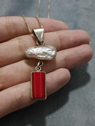 Vintage 925 gümüş hakiki mercan ve inci kolye ucu el yapımı. (89)