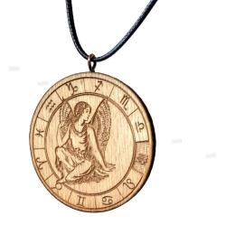 Başak Burç Ahşap Kolye Büyük Çaplı Rölyef Madalyon El Yapımı Tahta Zodyak Astroloji