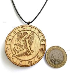 Başak Burç Ahşap Kolye Büyük Çaplı Rölyef Madalyon El Yapımı Tahta Zodyak Astroloji