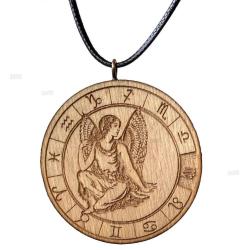 Başak Burç Ahşap Kolye Büyük Çaplı Rölyef Madalyon El Yapımı Tahta Zodyak Astroloji