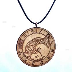 Balık Burç Ahşap Kolye Büyük Çaplı Rölyef Madalyon El Yapımı Tahta Zodyak Astroloji