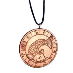 Balık Burç Ahşap Kolye Büyük Çaplı Rölyef Madalyon El Yapımı Tahta Zodyak Astroloji
