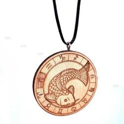 Balık Burç Ahşap Kolye Büyük Çaplı Rölyef Madalyon El Yapımı Tahta Zodyak Astroloji