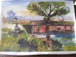 RESİM - MAHZUN IRMAK KENARINDA YAPAYALNIZ KALMIŞ TENEZZÜH HALİNDE KADIN . SULUBOYA KARIŞIK KARTON KAĞIT ÜZERİNE ÇALIŞMA EBAT:21 × 30 cm.
