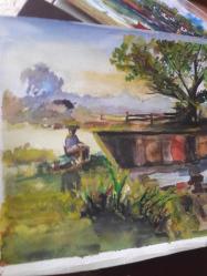 RESİM - MAHZUN IRMAK KENARINDA YAPAYALNIZ KALMIŞ TENEZZÜH HALİNDE KADIN . SULUBOYA KARIŞIK KARTON KAĞIT ÜZERİNE ÇALIŞMA EBAT:21 × 30 cm.