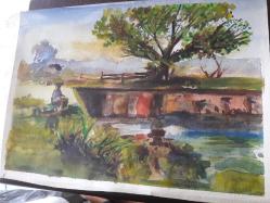 RESİM - MAHZUN IRMAK KENARINDA YAPAYALNIZ KALMIŞ TENEZZÜH HALİNDE KADIN . SULUBOYA KARIŞIK KARTON KAĞIT ÜZERİNE ÇALIŞMA EBAT:21 × 30 cm.