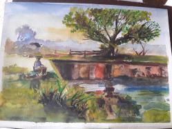 RESİM - MAHZUN IRMAK KENARINDA YAPAYALNIZ KALMIŞ TENEZZÜH HALİNDE KADIN . SULUBOYA KARIŞIK KARTON KAĞIT ÜZERİNE ÇALIŞMA EBAT:21 × 30 cm.