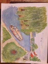 RESİM - GÖKSU ÇAYI  ( Beykoz) Salkım söğütler N1 SEYİR MANZARASI  SULUBOYA GUAJ KARIŞIK TEKNİK KARTON KAĞIT ÜZERİNE RESİM . EBAT:26×36 cm. RESSAM: M. BALOĞLU  17- 7 -- 999