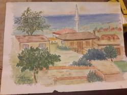 Efemera - KÖY MANZARASI  SULUBOYA  KARIŞIK TEKNİK KARTON KAĞIT ÜZERİNE RESİM . EBAT:24&times;30 cm. RESSAM: M. BALOĞLU   6 Nisan 2002 - kitantik - kitaLog