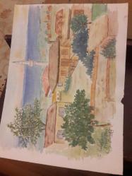 KÖY MANZARASI  SULUBOYA  KARIŞIK TEKNİK KARTON KAĞIT ÜZERİNE RESİM . EBAT:24×30 cm. RESSAM: M. BALOĞLU   6 Nisan 2002