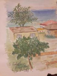 KÖY MANZARASI  SULUBOYA  KARIŞIK TEKNİK KARTON KAĞIT ÜZERİNE RESİM . EBAT:24×30 cm. RESSAM: M. BALOĞLU   6 Nisan 2002