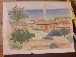 KÖY MANZARASI  SULUBOYA  KARIŞIK TEKNİK KARTON KAĞIT ÜZERİNE RESİM . EBAT:24×30 cm. RESSAM: M. BALOĞLU   6 Nisan 2002