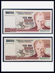 7.Emisyon 100.000 Lira (J69 893760-61/3.Tertip-2’li Seri) ÇA/Çil-  (TCK11)
