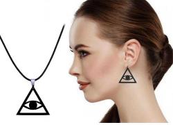 Mason Masonic Üçgen Göz Sembol Kolye Küpe Set Siyah Akrilik Takım