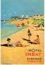 POSTA KARTI MOTEL İMBAT KUŞADASI İLK POSTA KARTLARINDA DAHA MOTELKENİ TİCARET KARTPOSTALLARI İZMİR BASKISI RESSAM KADRİ ATAMAL