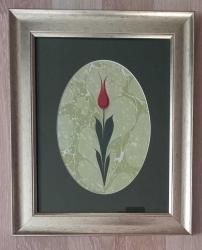 Antika - KIRMIZI LALE DESENLİ EBRU - AHŞAP ÇERÇEVELİ CAM TABLO - kitantik - kitaLog