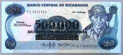 NİKARAGUA=1985/1990   500000 Cordobas  (20 Cordobas Üzerine)  P-163   ÇİL'