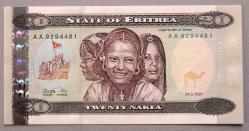 ERİTRE=1997  20 Nakfa  P-4  ÇİL'