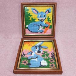 VINTAGE BİR ÇİFT EL YAPIMI TAVŞAN GOBLEN ÇERÇEVELİ KÜÇÜK TABLO