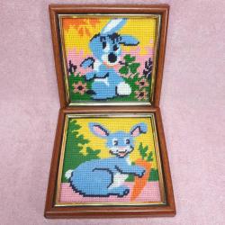 VINTAGE BİR ÇİFT EL YAPIMI TAVŞAN GOBLEN ÇERÇEVELİ KÜÇÜK TABLO