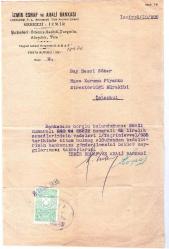İZMİR ESNAF VE AHALİ BANKASI ANTETLİ  mektup,zarf, ihbarname, 1935 SEZAİ SÖKER, THK PİYANGO DİREKTÖRLÜĞÜ MURAKIBI İSTANBUL