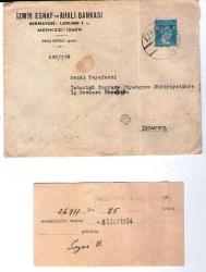 İZMİR ESNAF VE AHALİ BANKASI ANTETLİ  mektup,zarf, ihbarname, 1935 SEZAİ SÖKER, THK PİYANGO DİREKTÖRLÜĞÜ MURAKIBI İSTANBUL
