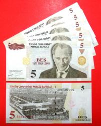 TÜRKİYE=2005  5 YTL  P-217    8.Emisyon 1.Tertip 5 Adet!  ÇİL'