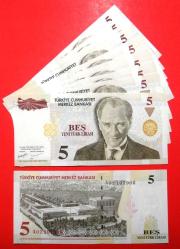 TÜRKİYE=2005  5 YTL  P-217   8.Emisyon 1.Tertip    ÇİL'    10 Adet!